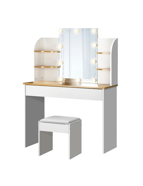 Oikiture Dressing Table Stool Set Makeup Mirror Storage Drawer 10 LED Bulbs, hi-res image number null