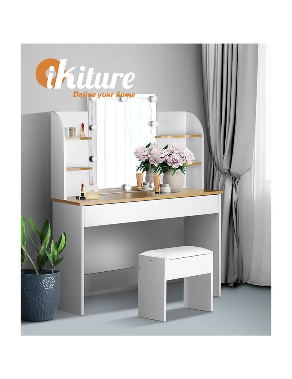 Oikiture Dressing Table Stool Set Makeup Mirror Storage Drawer 10 LED Bulbs, hi-res image number null