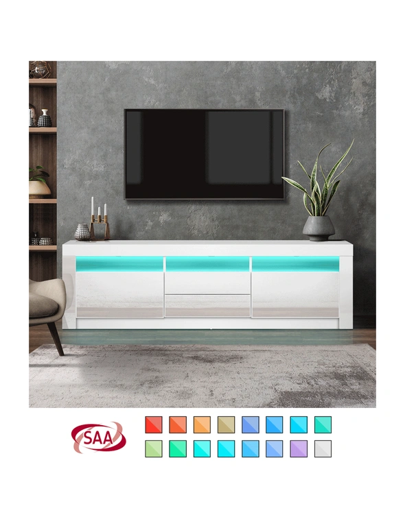Oikiture TV Cabinet Entertainment Unit Stand RGB LED Gloss Furniture White 180CM, hi-res image number null