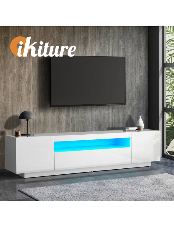 Oikiture TV Cabinet Entertainment Unit Stand Gloss RGB LED Furniture White 180CM, hi-res image number null