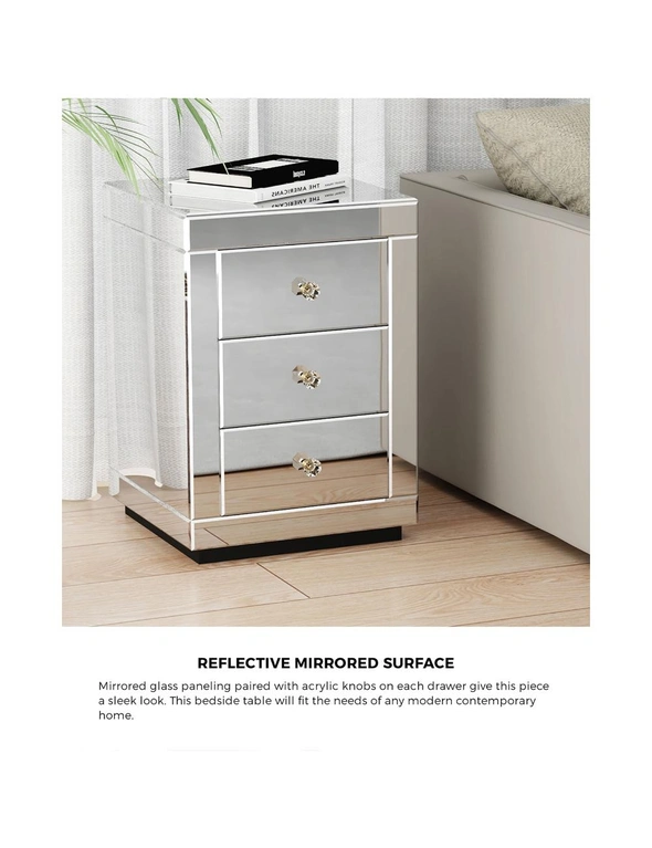 Oikiture Bedside Table Mirrored Storage 3 Drawers Cabinet Nightstand End Table, hi-res image number null