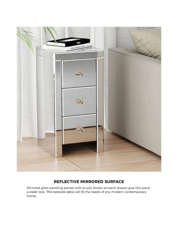 Oikiture Bedside Table 3 Drawers Side Table Nightstand Mirrored Storage Cabinet, hi-res image number null