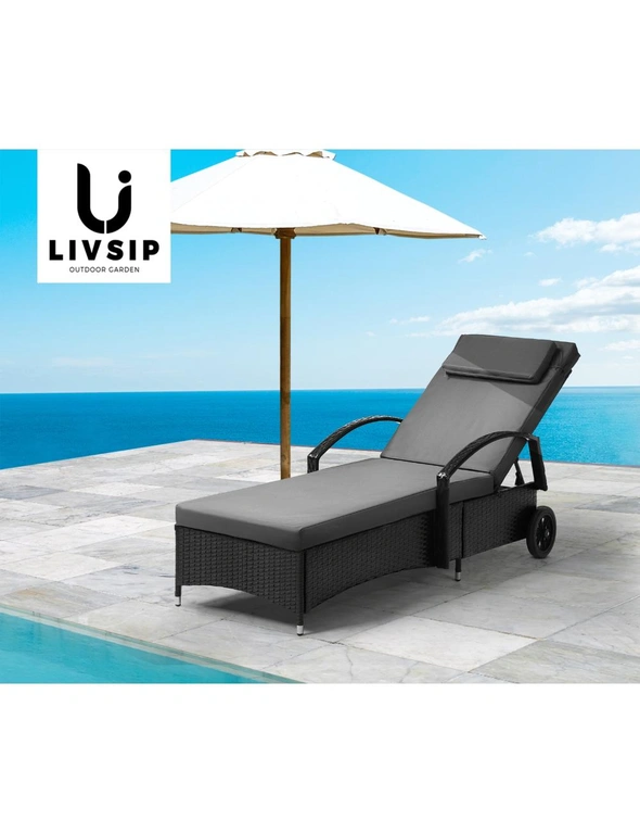 Livsip Wheeled Sun Lounger Day Bed Outdoor Setting Patio Furniture Black, hi-res image number null