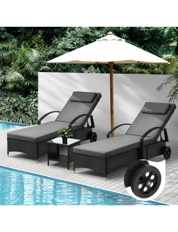 Livsip 2x Wheeled Sun Lounger Day Bed & Table Outdoor Setting Patio Furniture