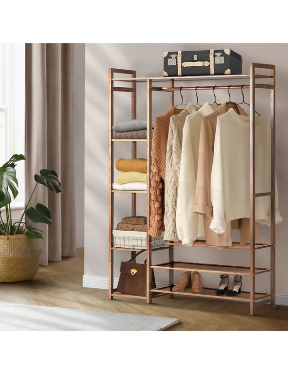 Oikiture Clothes Rack Open Wardrobe Garment Coat Hanging Rail Bamboo 8 Shelves, hi-res image number null