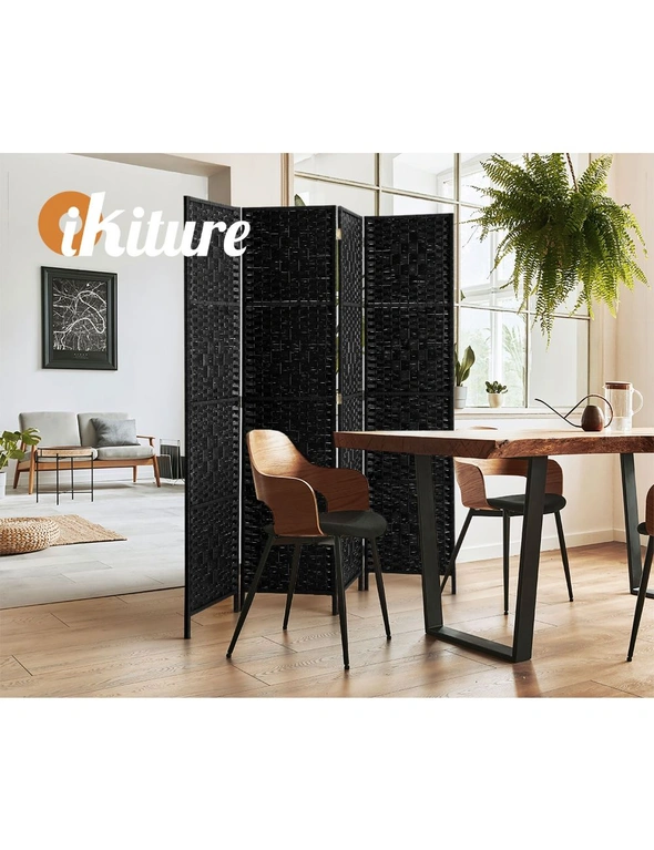 Oikiture 4 Panel Room Divider Screen Privacy Dividers Woven Wood Folding Black, hi-res image number null