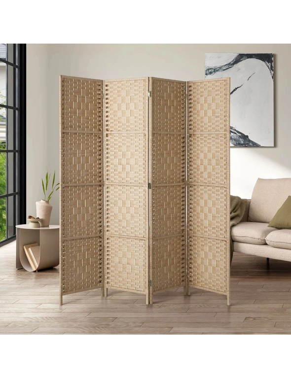 Oikiture 4 Panel Room Divider Privacy Screen Dividers Woven Wood Fold Stand, hi-res image number null