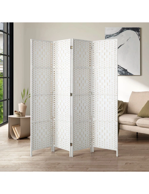 Oikiture 4 Panel Room Divider Screen Privacy Dividers Woven Wood Folding White, hi-res image number null