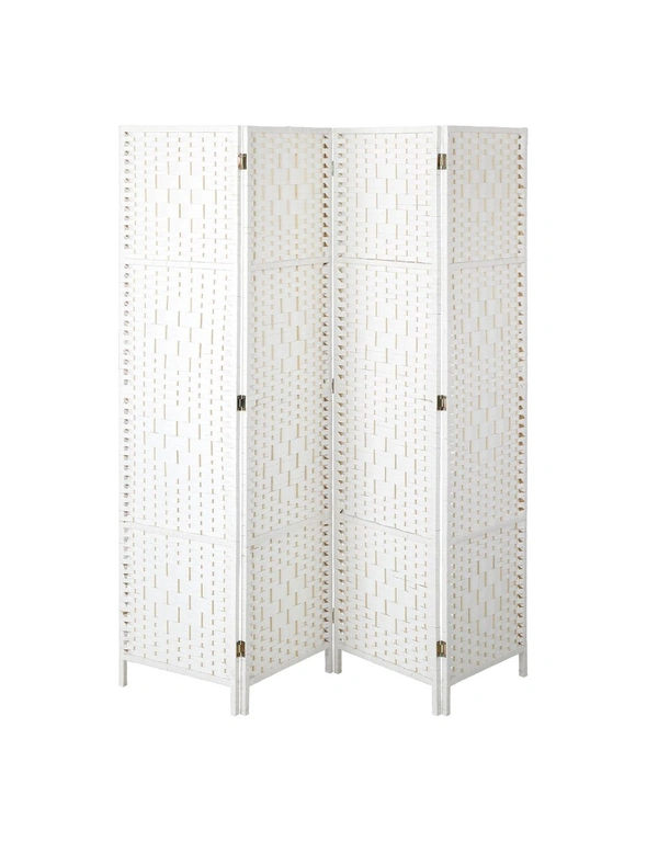 Oikiture 4 Panel Room Divider Screen Privacy Dividers Woven Wood Folding White, hi-res image number null