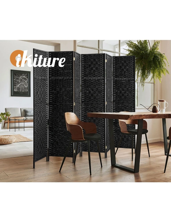 Oikiture 6 Panel Room Divider Screen Privacy Dividers Woven Wood Folding Black, hi-res image number null