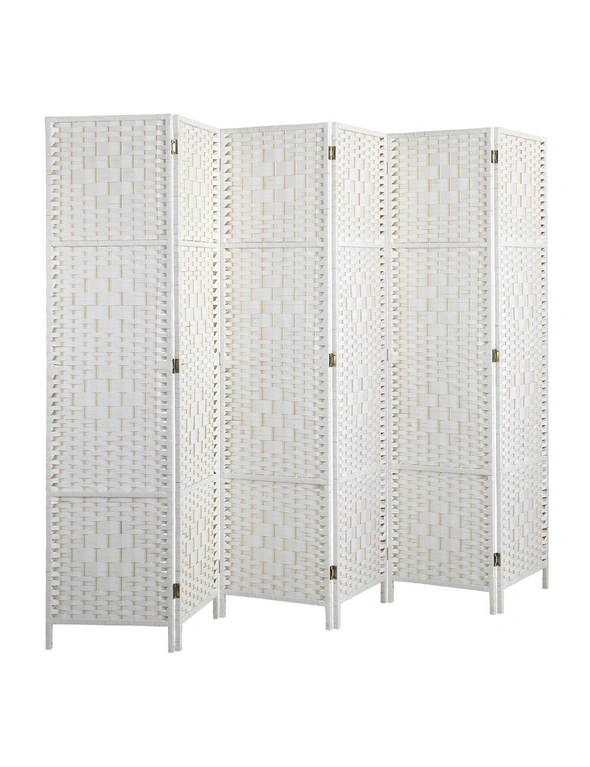 Oikiture 6 Panel Room Divider Screen Privacy Dividers Woven Wood Folding White, hi-res image number null