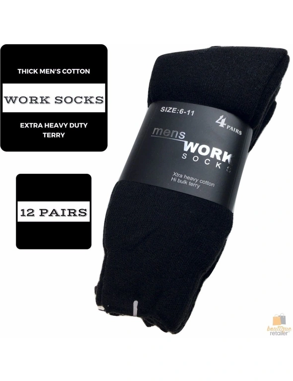 12 Pairs THICK WORK SOCKS Terry Cotton Extra Heavy Duty Outdoor Warm Mens BULK - Black - 6-11, hi-res image number null