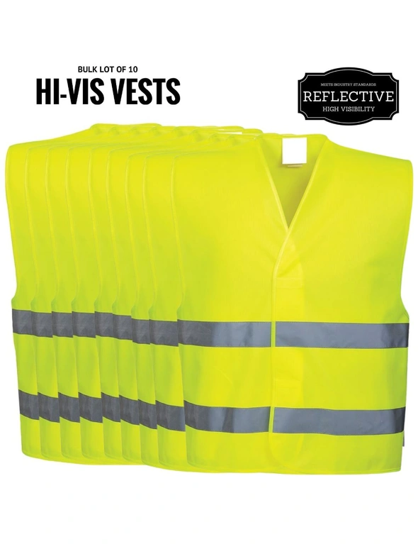 10x Hi Vis Safety Vest Reflective Tape Workwear Night & Day Bulk - Yellow - One Size, hi-res image number null