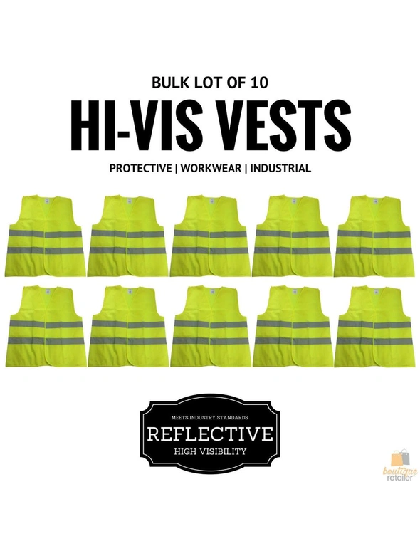 10x Hi Vis Safety Vest Reflective Tape Workwear Night & Day Bulk - Yellow - One Size, hi-res image number null