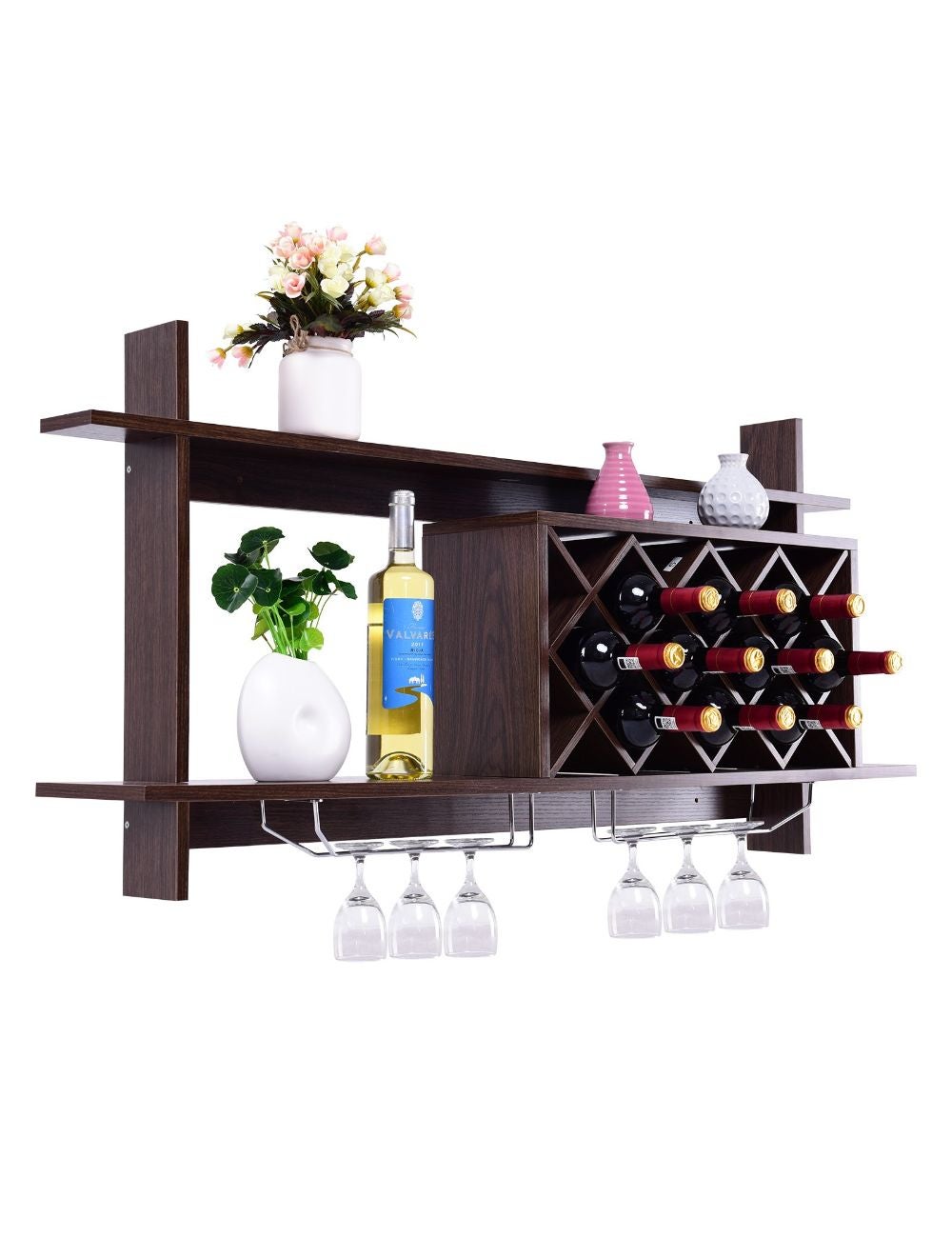 Costway Wall Mounted 10 Bottle Wine Rack w/Wine Glass Rack Stacked ...