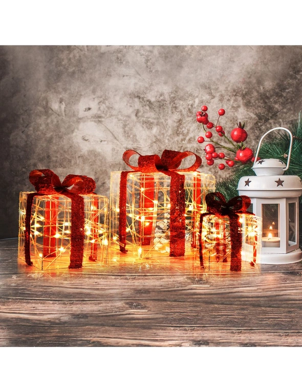 3-Pack Lighted Gift Boxes Christmas Decoration Pre-Lit Xmas Present Boxes 60 LED Lights, Indoor/Outdoor Xmas Tree Holiday Xmas Decor, hi-res image number null