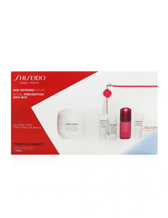 Shiseido Age Defense Ritual Essential Energy Set (For All Skin Types): Moisturizing Cream 50ml + Cleansing Foam 5ml + Softener Enriched 7ml + Ultimune Concentrate 10ml + Eye Definer 5ml 5pcs+1pouch, hi-res image number null