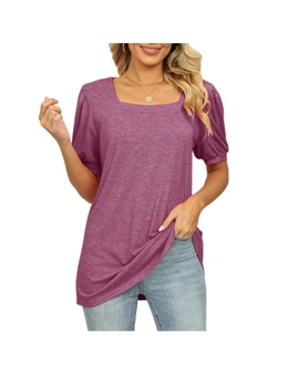 Solid Colour Square Neck Puffed Sleeve Tops