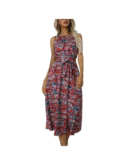 Printed Lace-up Waistline Sleeveless Dress