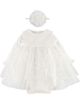 Idilbaby Girl Jessica White Ceremony Dress Long Sleeves Body and Headband Set of 3 - 9-12 months