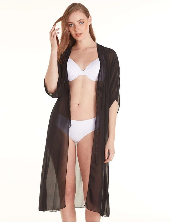 Aqua Perla Womens Emmanuelle Black Plunging Neck Drawstring Bikini Cover up Beach Dress, hi-res image number null