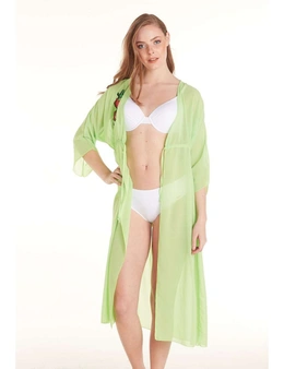 Aqua Perla Womens Emmanuelle Green Plunging Neck Drawstring Bikini Cover up Beach Dress
