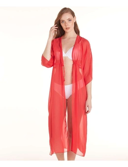 Aqua Perla Womens Emmanuelle Red Plunging Neck Drawstring Bikini Cover up Beach Dress