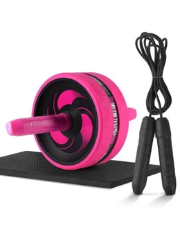 2 In 1 Ab Roller Jump Rope Abdominal Wheel With Mat Skipping Rope- Pink