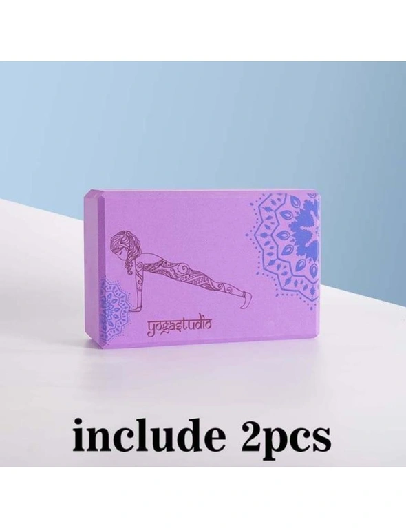 2Pcs Eva Yoga Block With Flexibility Stretching Strap- Purple-Feather- Yoga Studio, hi-res image number null