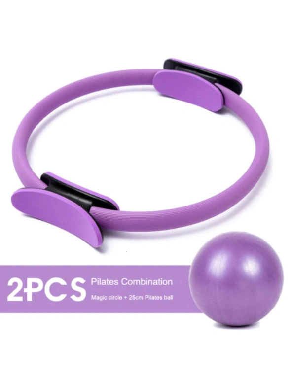 Yoga Kit- Pilates Ring 25cm Gym Ball Resistance Band Stretching Belt- Purple- 2Pcs, hi-res image number null