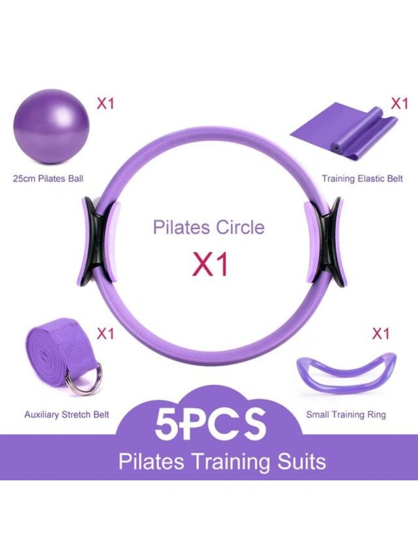 Yoga Kit- Pilates Ring 25cm Gym Ball Resistance Band Stretching Belt- Black- 5Pcs, hi-res image number null