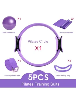 Yoga Kit- Pilates Ring 25cm Gym Ball Resistance Band Stretching Belt- Black- 5Pcs