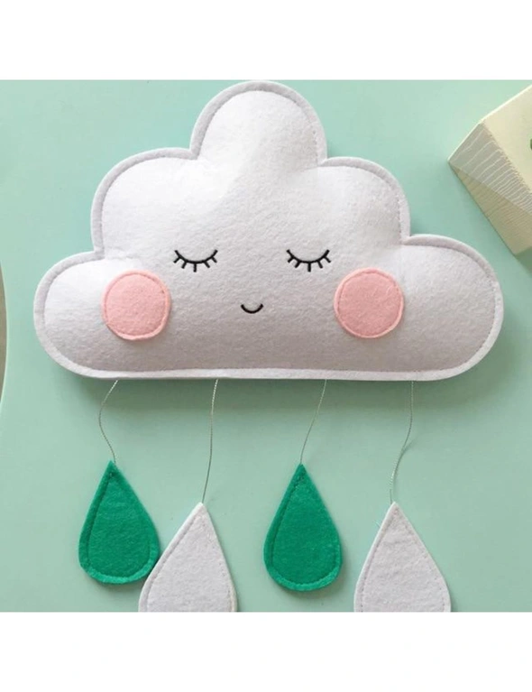 Nordic Kawaii Felt Cloud Raindrop Pendant Wall Hanging Decoration - White With Green Raindrops, hi-res image number null