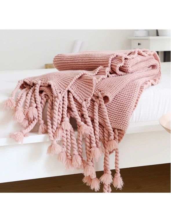 Long Tassel Knitted Blanket Throw - Dusty Pink - Lightweight, hi-res image number null