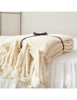 Long Tassel Knitted Blanket Throw - Pearl - Thick