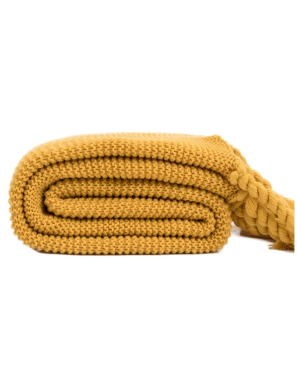 Long Tassel Knitted Blanket Throw - Mustard - Lightweight, hi-res image number null