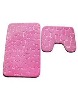 Pebbles Bath Mat Set Bathroom Square Shaped And U-Shaped Non-Slip Floor Mats - Pink