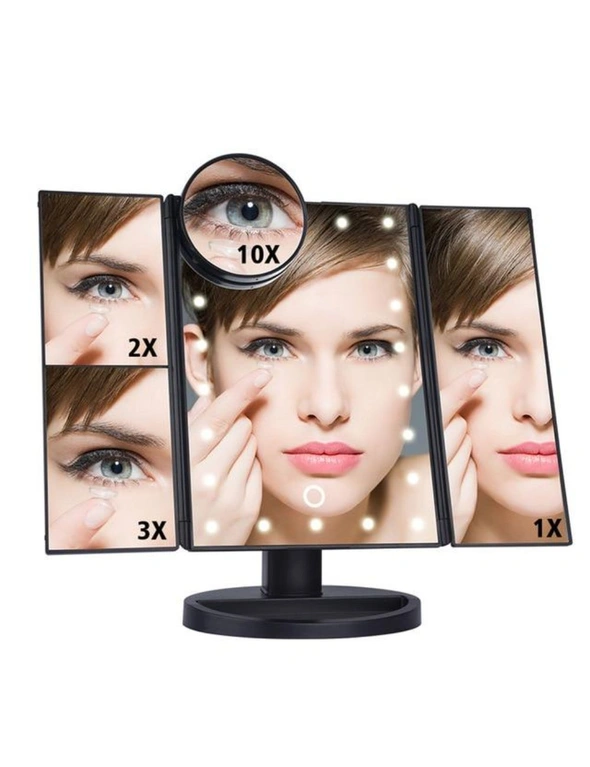 Desktop Rotating Folding Led Touch Screen 22 Light Makeup Magnifying Mirror- Black, hi-res image number null
