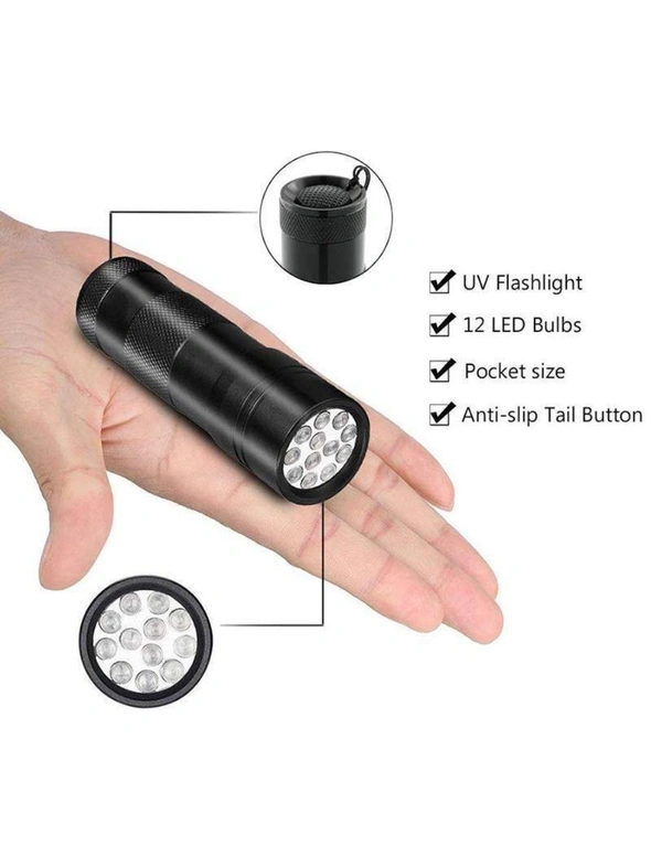 2 Sets of Mini Uv Blacklight Flashlight 12 Led Lights Portable Torch - Black, hi-res image number null