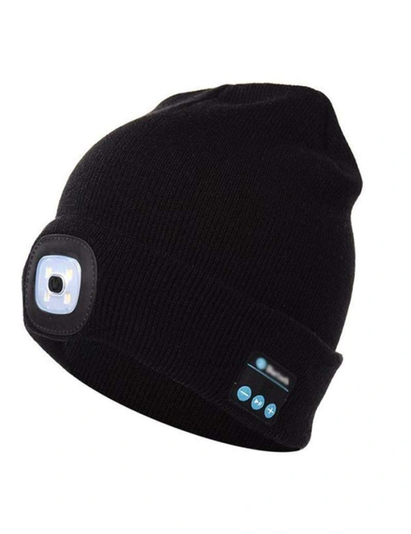 Wireless Bluetooth Music Knitted Hat With Led Lamp Camping Beanie Headlamp - Black, hi-res image number null