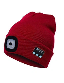 Wireless Bluetooth Music Knitted Hat With Led Lamp Camping Beanie Headlamp - Red