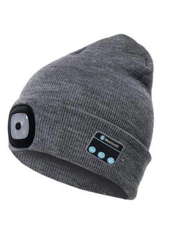 Wireless Bluetooth Music Knitted Hat With Led Lamp Camping Beanie Headlamp - Grey