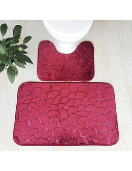 Pebbles Bath Mat Set Bathroom Square Shaped And U-Shaped Non-Slip Floor Mats - Wine Red