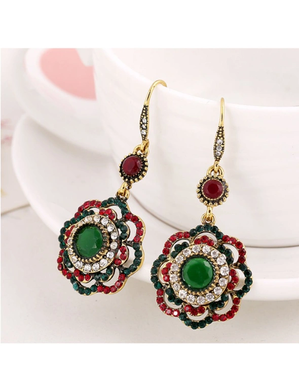 2 Sets of Rings Women Retro Pop Earrings Bohemian Ethnic Flower Pendant Alloy Vintage Drop Hook - Red, hi-res image number null