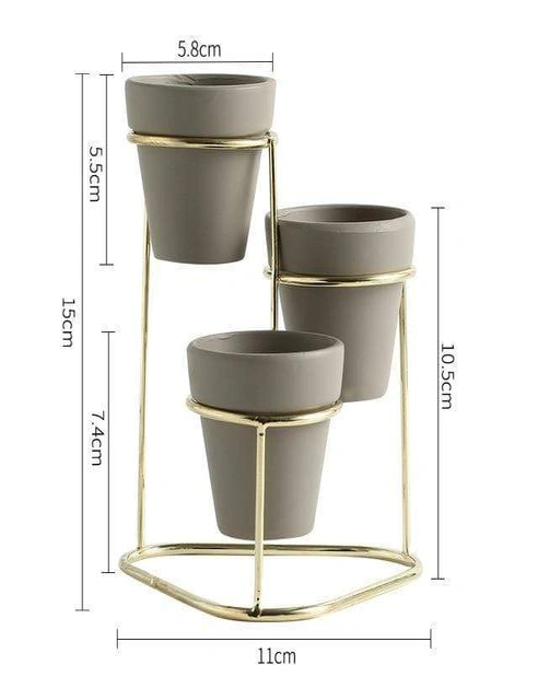 Mini Trio Plant Stand Nordic Flower Succulent Pot With Metal Stand Home Decor - Grey Pot Gold, hi-res image number null