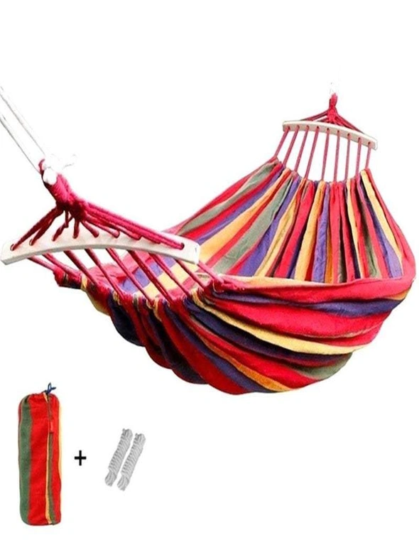 Hammocks 185 X 80Cm With Wood Supports Red Striped Hanging Swing Single Heavy Duty - Red, hi-res image number null