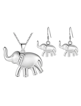 Earrings Elephant Silver Plated Good Luck Necklace Jewellery Set - Silver