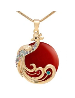 My - 0042 Peacock Opal Sweater Chain Long Necklace- Red
