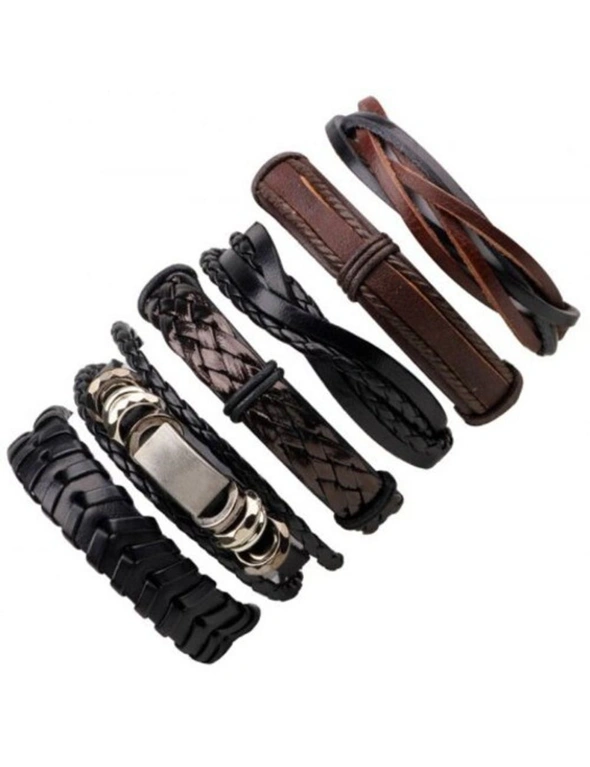 Multi-Layer Retro Woven Pu Leather Bracelet 6Pcs- Multi, hi-res image number null