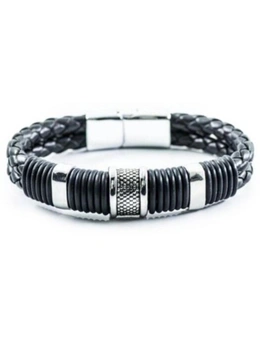 Retro Fashion Personality Double Woven Leather Bracelet Stainless Steel Magnet Buckle Bracelet- Silver